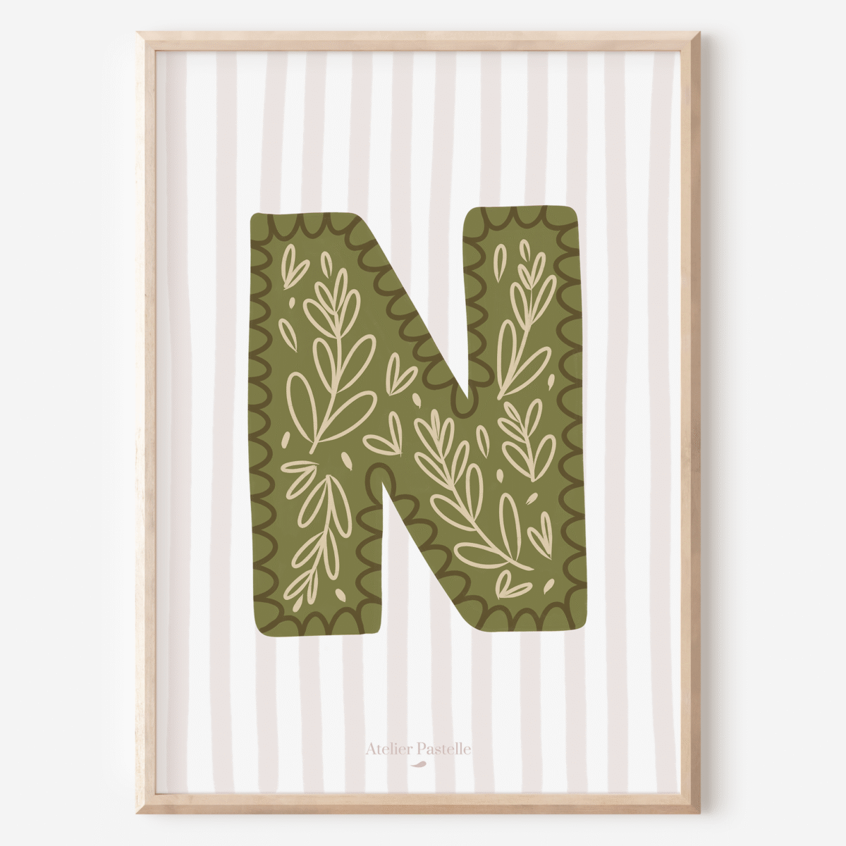Affiche lettre N motif brindilles vert - collection Les Petites Initiales