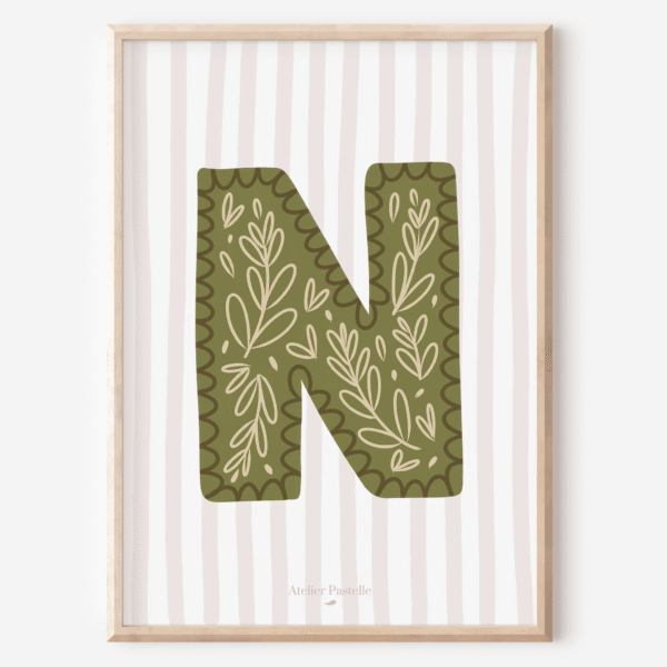 Affiche lettre N motif brindilles vert - collection Les Petites Initiales