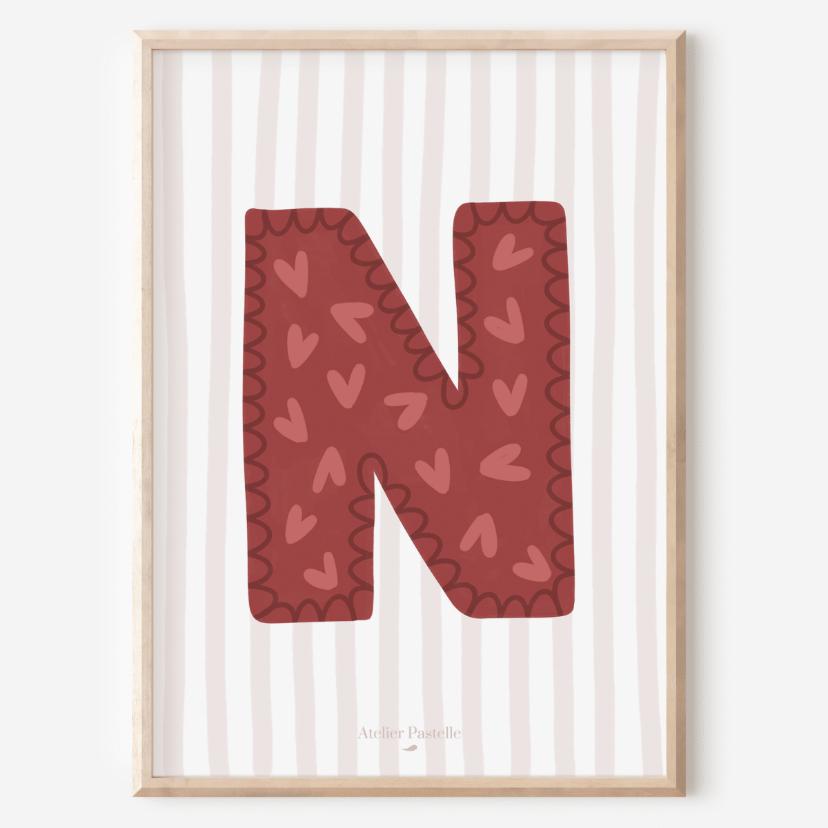 Affiche lettre N motif coeurs bordeaux - collection Les Petites Initiales