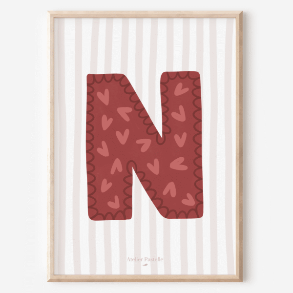 Affiche lettre N motif coeurs bordeaux - collection Les Petites Initiales