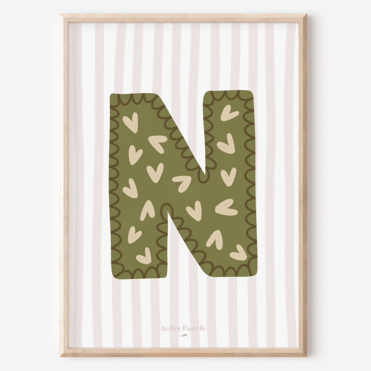 Affiche lettre N motif coeurs vert - collection Les Petites Initiales