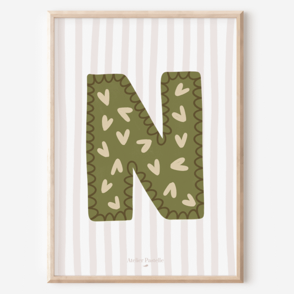 Affiche lettre N motif coeurs vert - collection Les Petites Initiales