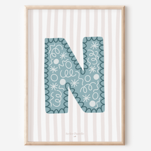 Affiche lettre N motif confettis bleu clair - collection Les Petites Initiales