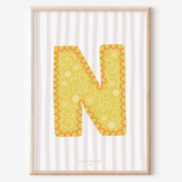 Affiche lettre N motif confettis jaune - collection Les Petites Initiales