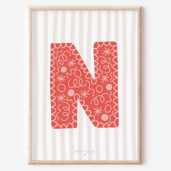 Affiche lettre N motif confettis rouge - collection Les Petites Initiales
