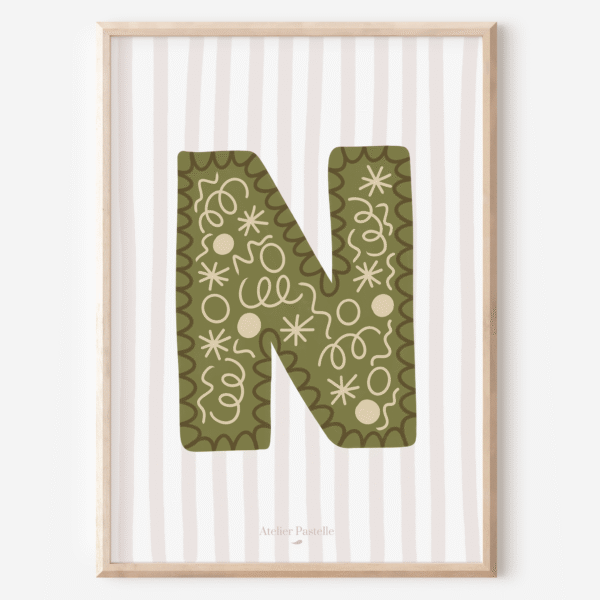 Affiche lettre N motif confettis vert - collection Les Petites Initiales