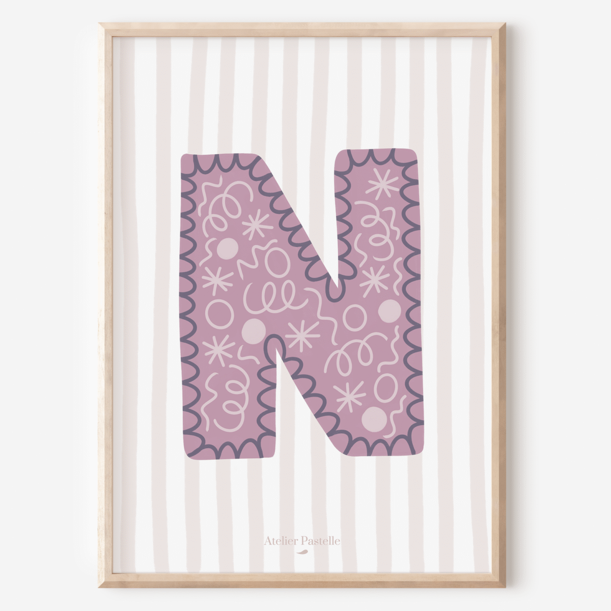 Affiche lettre N motif confettis violet - collection Les Petites Initiales