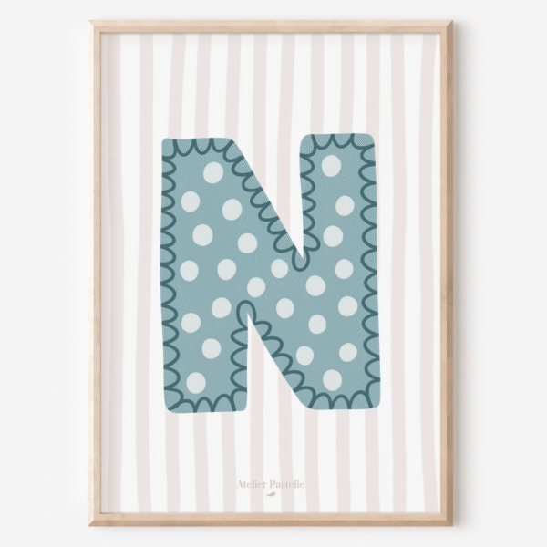 Affiche lettre N motif pois bleu clair - collection Les Petites Initiales
