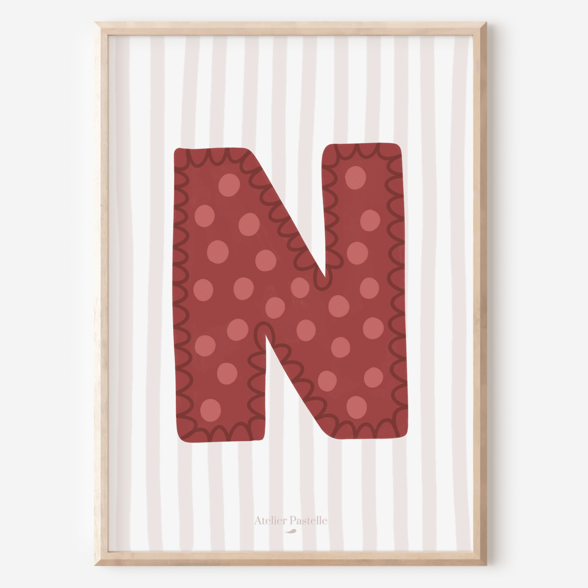 Affiche lettre N motif pois bordeaux - collection Les Petites Initiales