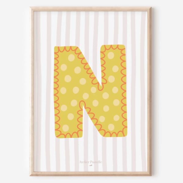 Affiche lettre N motif pois jaune - collection Les Petites Initiales