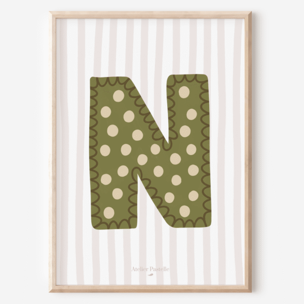 Affiche lettre N motif pois vert - collection Les Petites Initiales