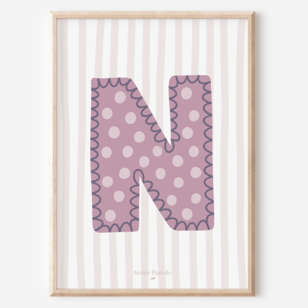 Affiche lettre N motif pois violet - collection Les Petites Initiales