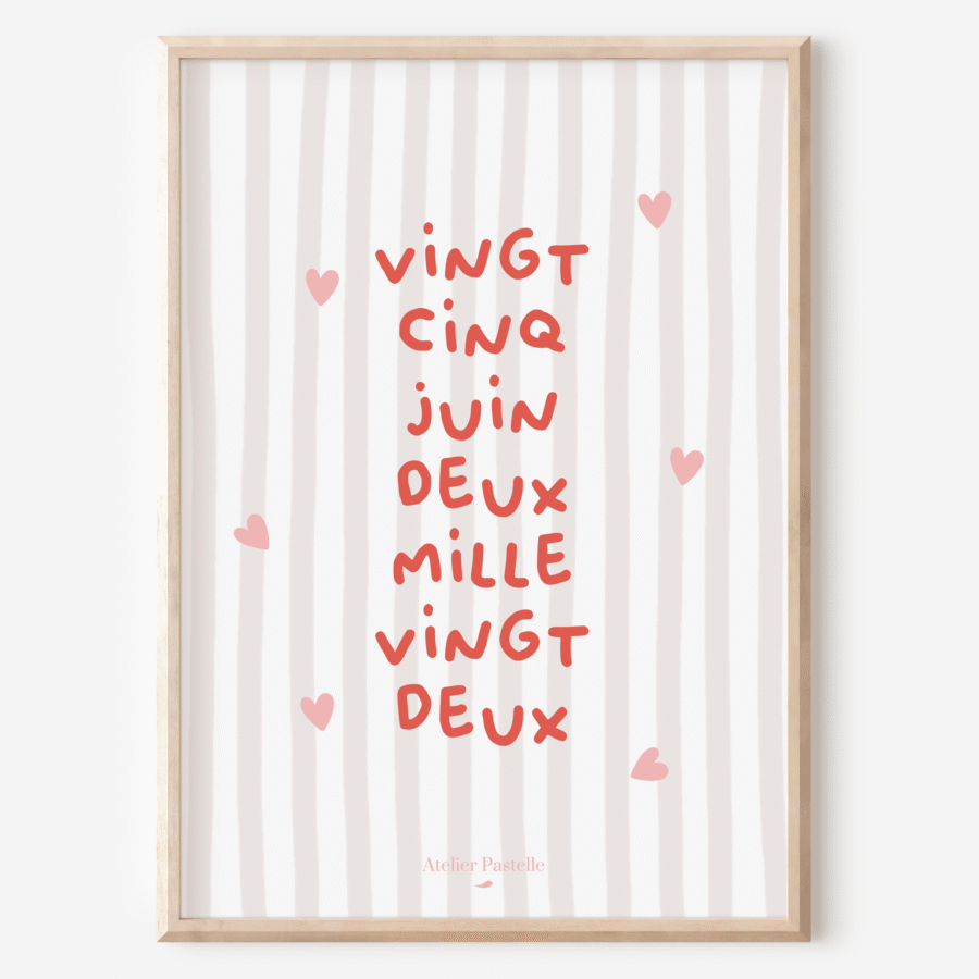 affiche date de naissance personnalisée kids fond rayé rouge