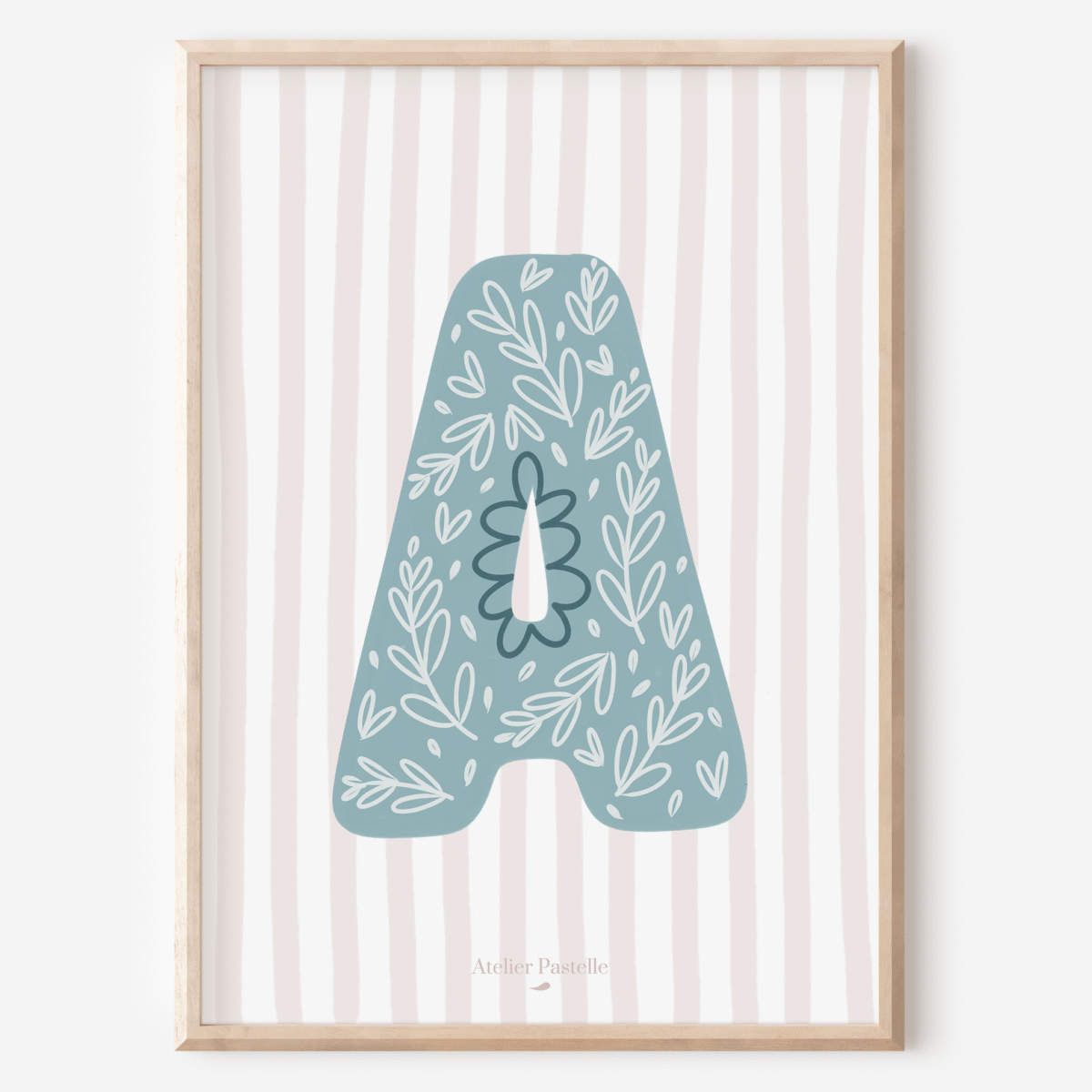 Affiche lettre A motif brindilles bleu clair - collection Les Petites Initiales