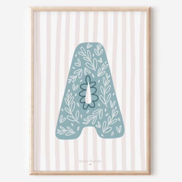 Affiche lettre A motif brindilles bleu clair - collection Les Petites Initiales
