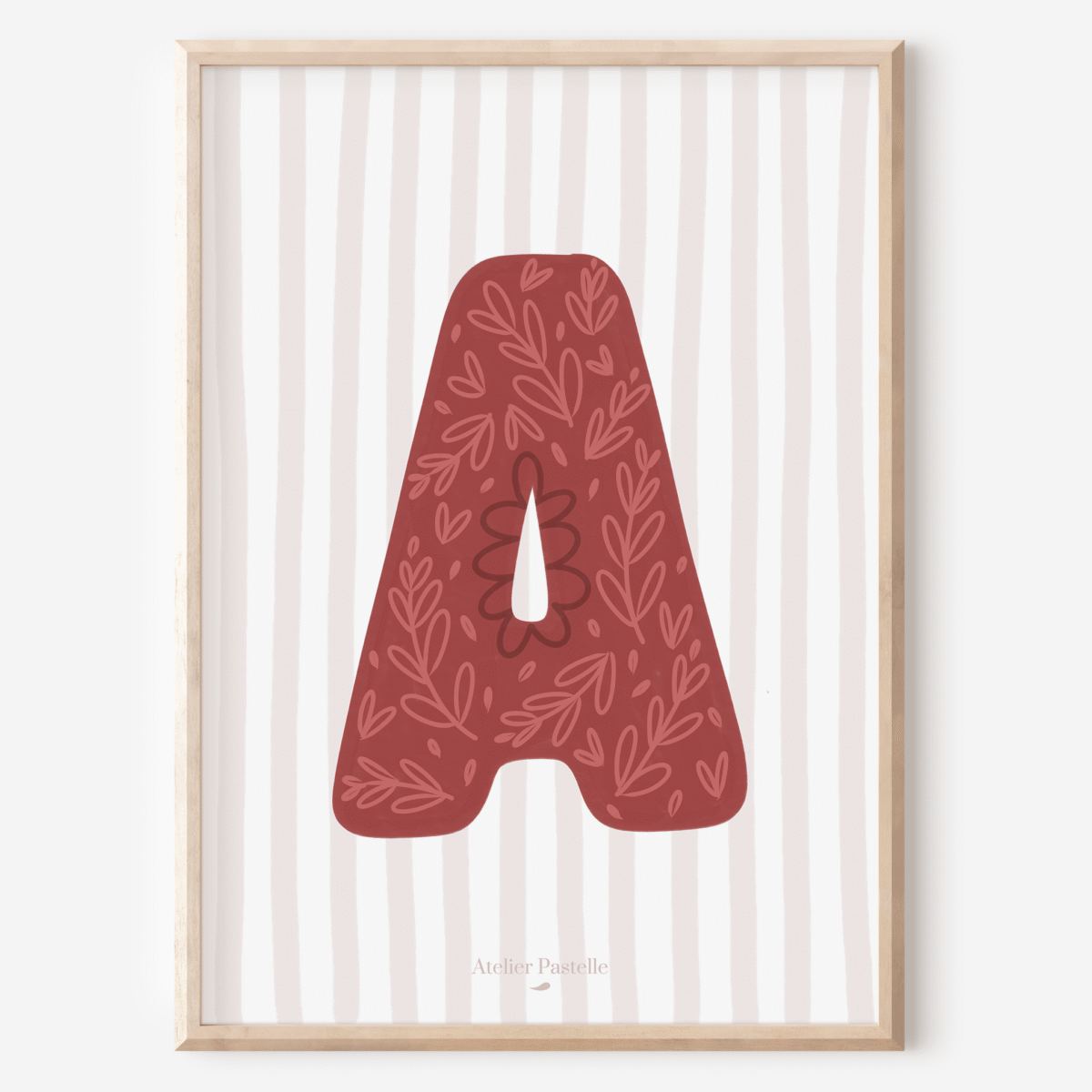 Affiche lettre A motif brindilles bordeaux - collection Les Petites Initiales