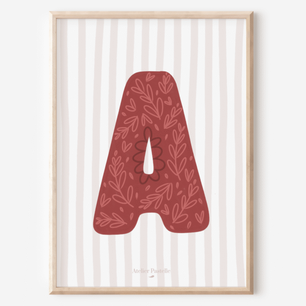 Affiche lettre A motif brindilles bordeaux - collection Les Petites Initiales