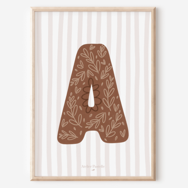 Affiche lettre A motif brindilles marron - collection Les Petites Initiales