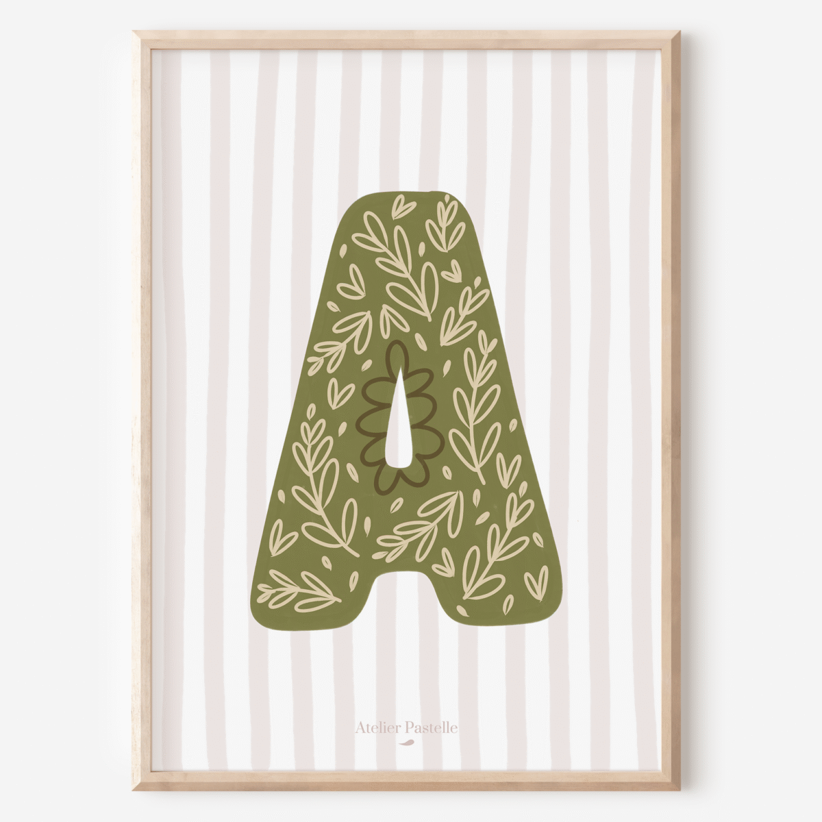 Affiche lettre A motif brindilles vert - collection Les Petites Initiales