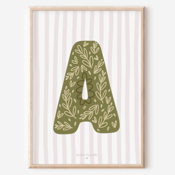 Affiche lettre A motif brindilles vert - collection Les Petites Initiales