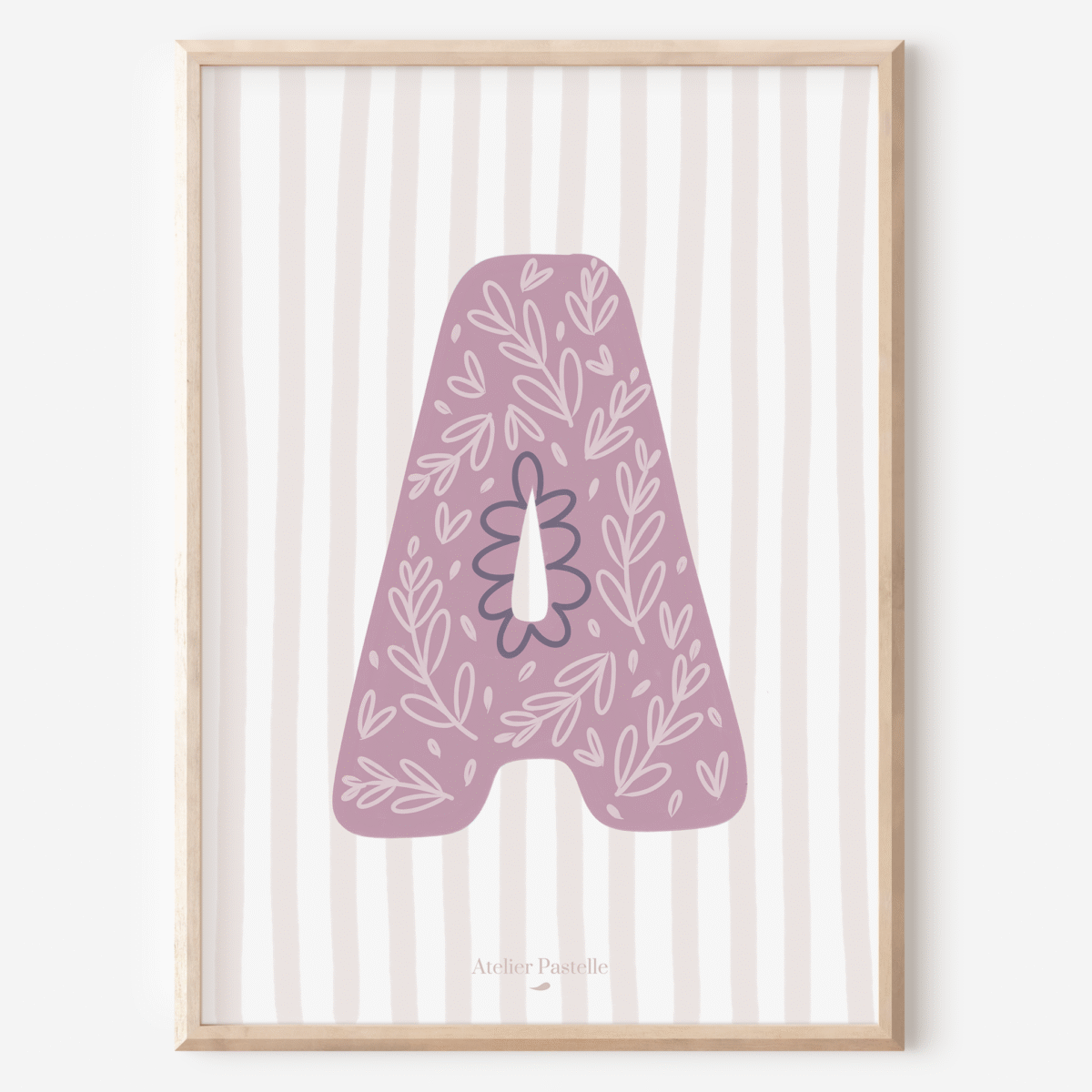 Affiche lettre A motif brindilles violet - collection Les Petites Initiales
