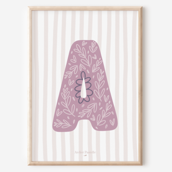 Affiche lettre A motif brindilles violet - collection Les Petites Initiales