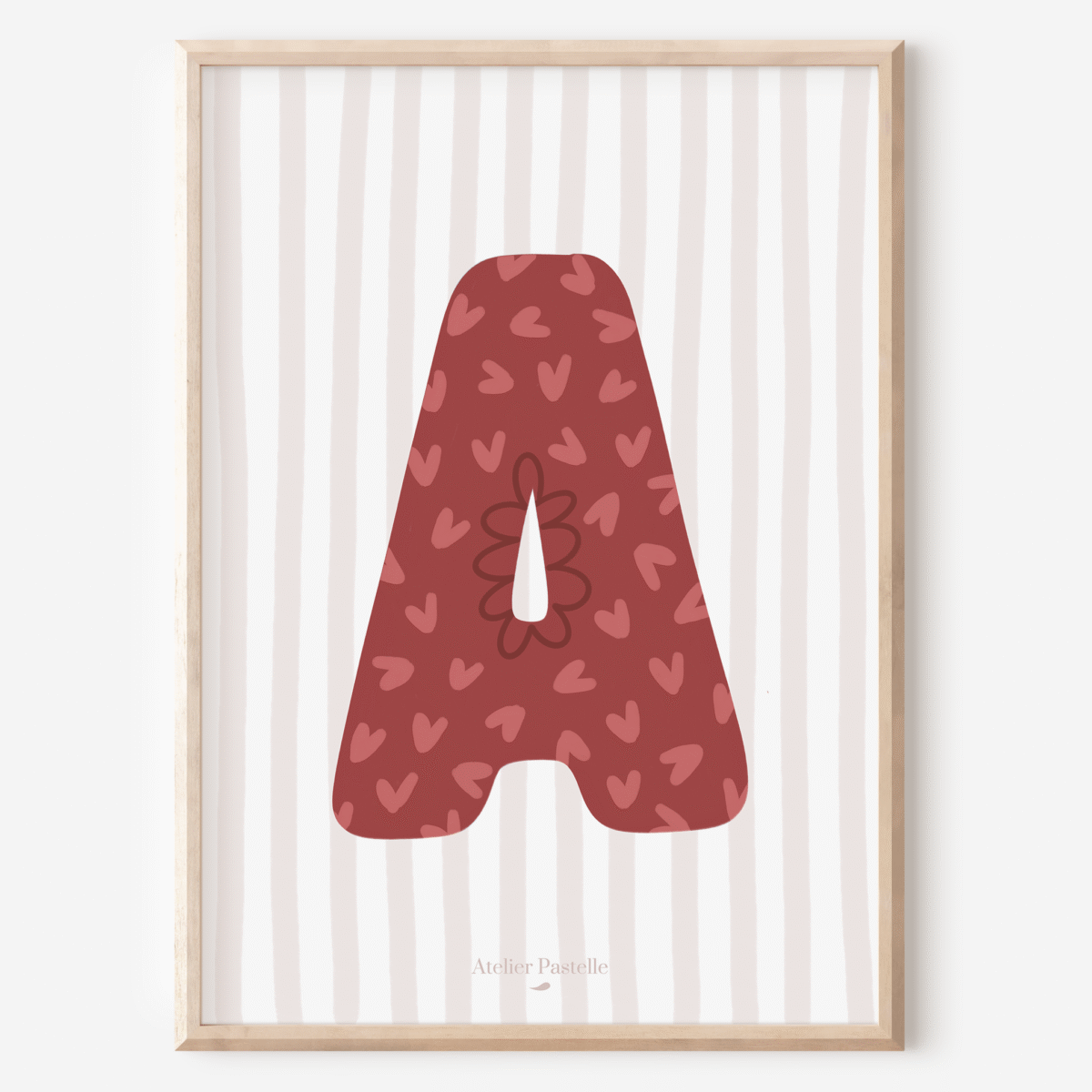 Affiche lettre A motif coeurs bordeaux - collection Les Petites Initiales