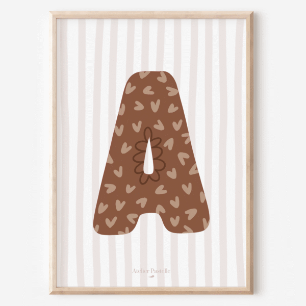 Affiche lettre A motif coeurs marron - collection Les Petites Initiales