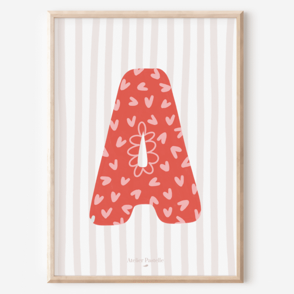 Affiche lettre A motif coeurs rouge - collection Les Petites Initiales