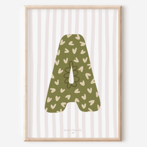 Affiche lettre A motif coeurs vert - collection Les Petites Initiales