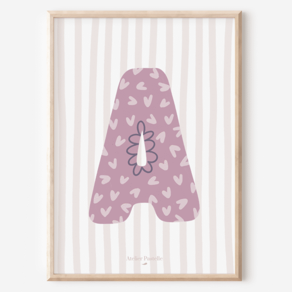 Affiche lettre A motif coeurs violet - collection Les Petites Initiales