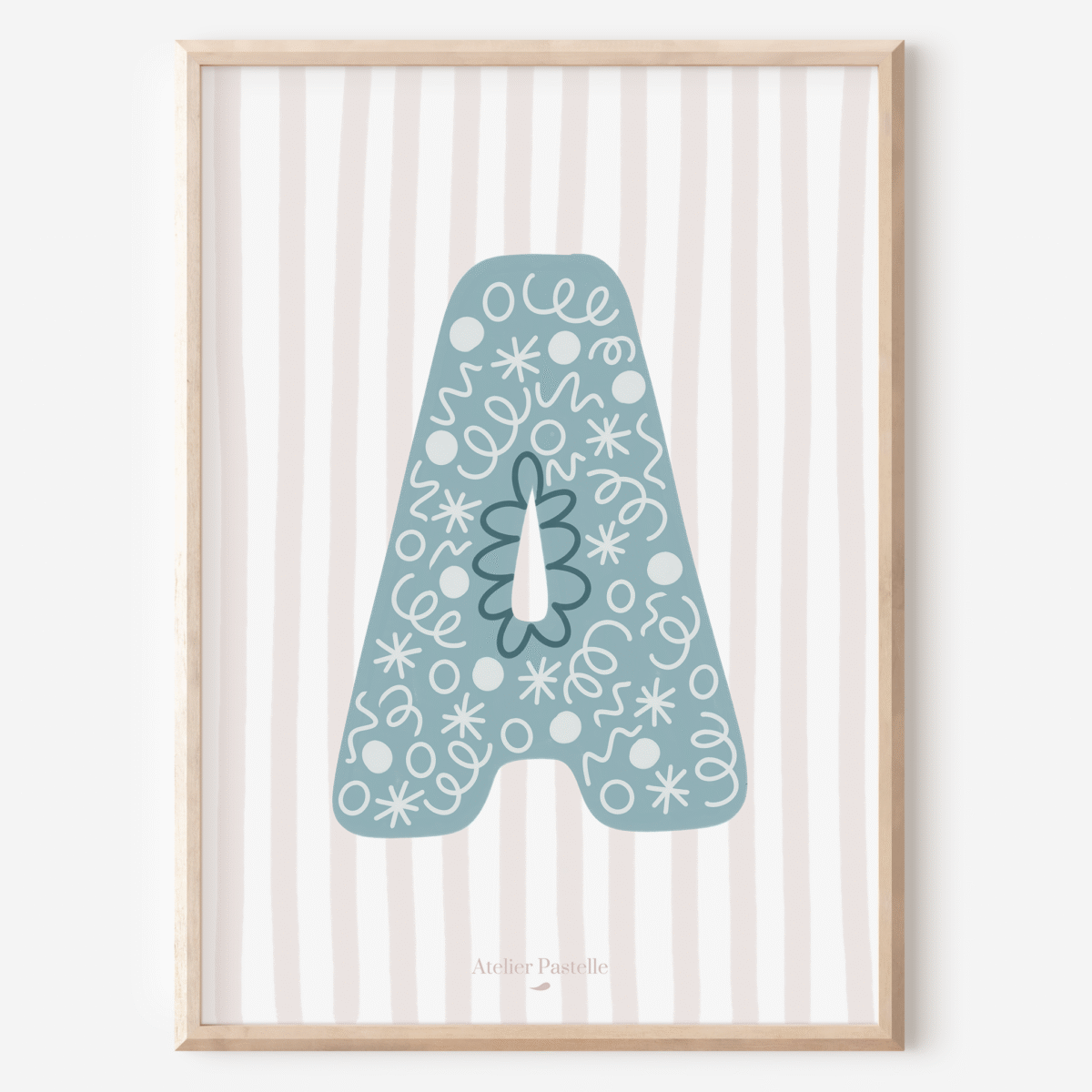Affiche lettre A motif confettis bleu clair - collection Les Petites Initiales