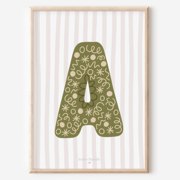 Affiche lettre A motif confettis vert - collection Les Petites Initiales