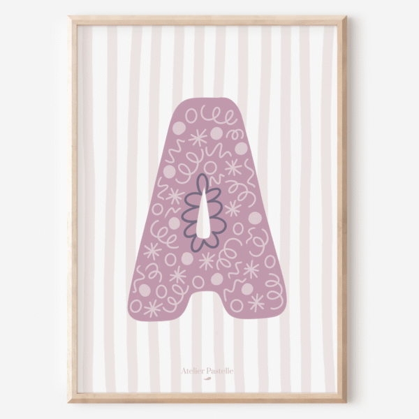 Affiche lettre A motif confettis violet - collection Les Petites Initiales