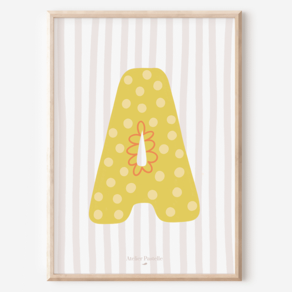 Affiche lettre A motif pois jaune - collection Les Petites Initiales
