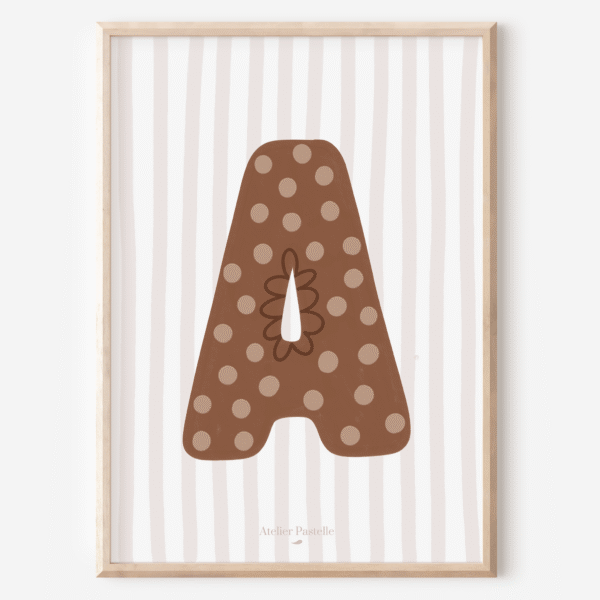 Affiche lettre A motif pois marron - collection Les Petites Initiales