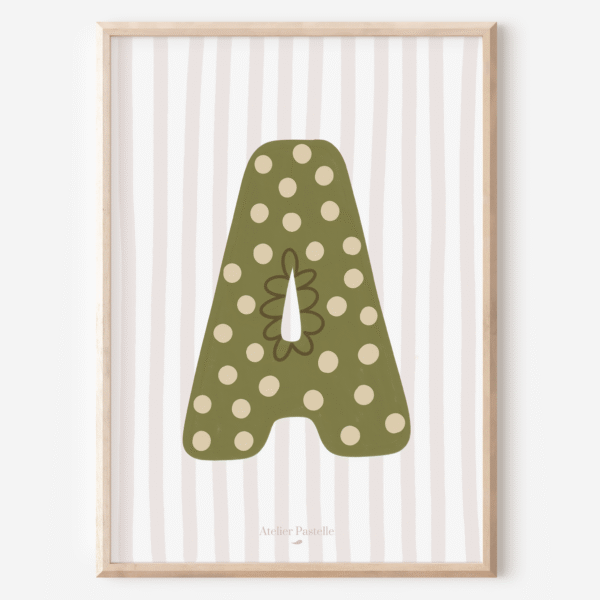 Affiche lettre A motif pois vert - collection Les Petites Initiales