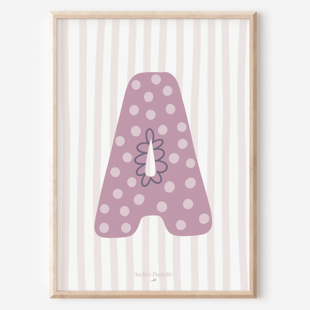 Affiche lettre A motif pois violet - collection Les Petites Initiales