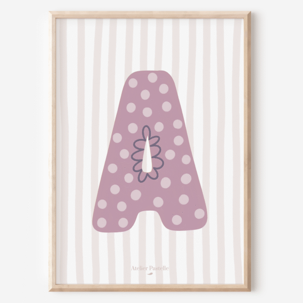 Affiche lettre A motif pois violet - collection Les Petites Initiales