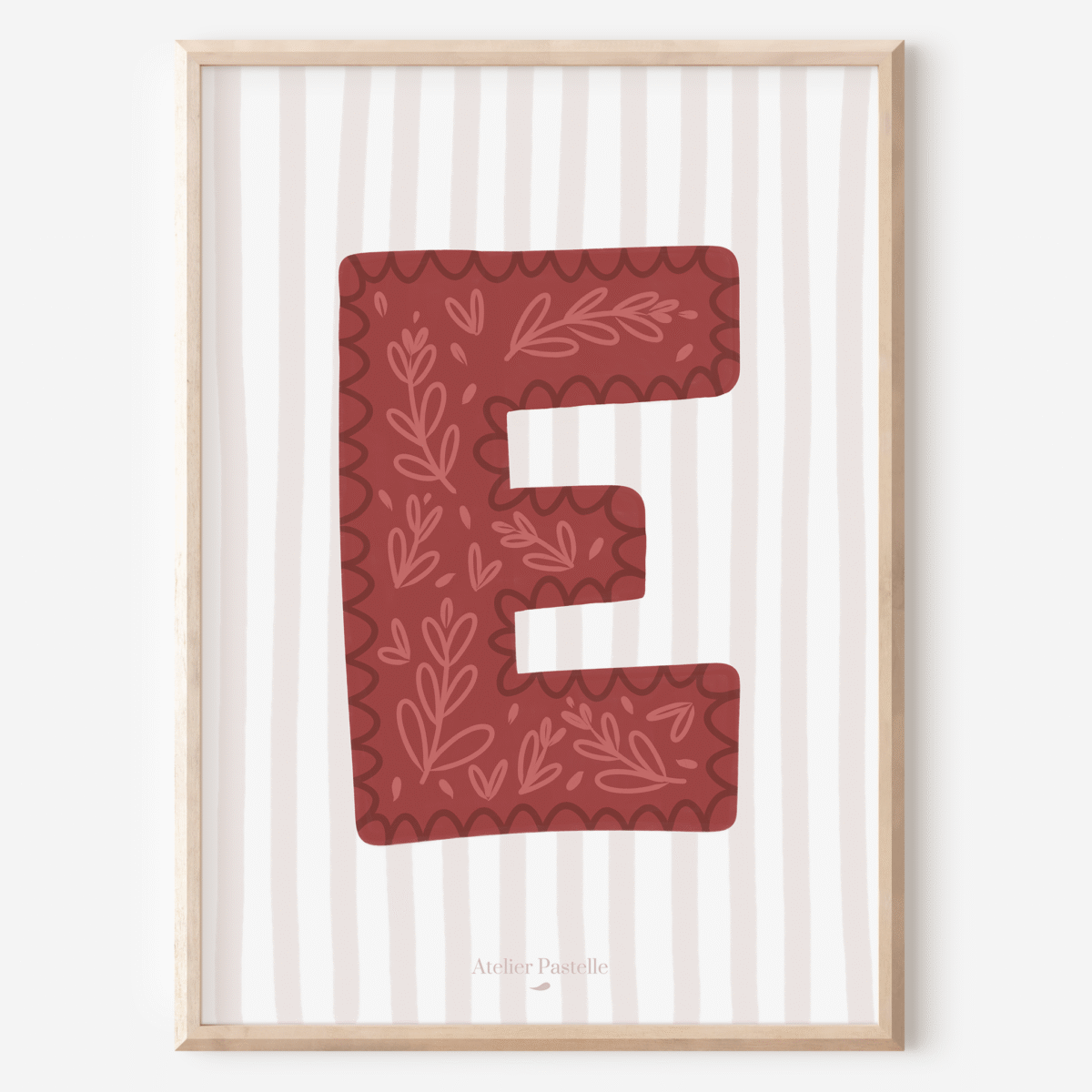 Affiche lettre E motif brindilles bordeaux - collection Les Petites Initiales