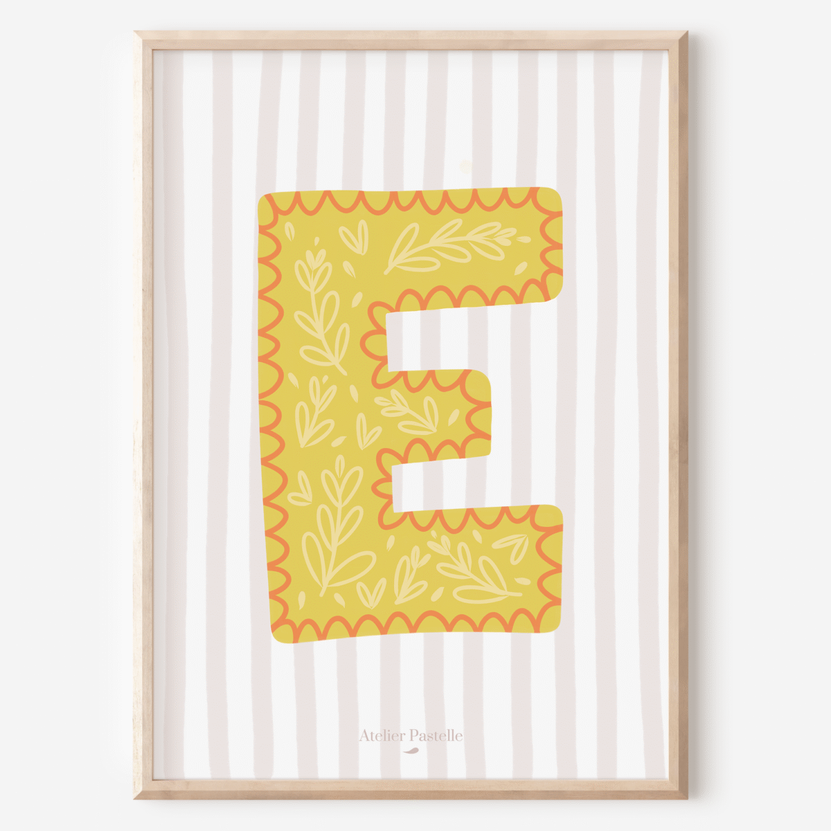 Affiche lettre E motif brindilles jaune - collection Les Petites Initiales
