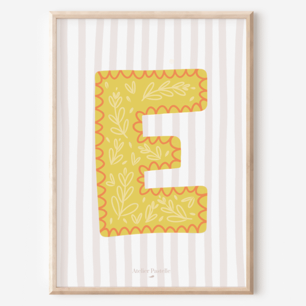 Affiche lettre E motif brindilles jaune - collection Les Petites Initiales