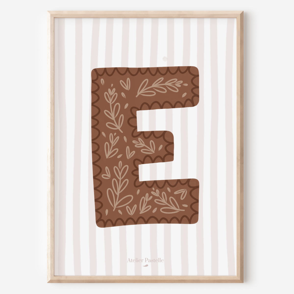 Affiche lettre E motif brindilles marron - collection Les Petites Initiales