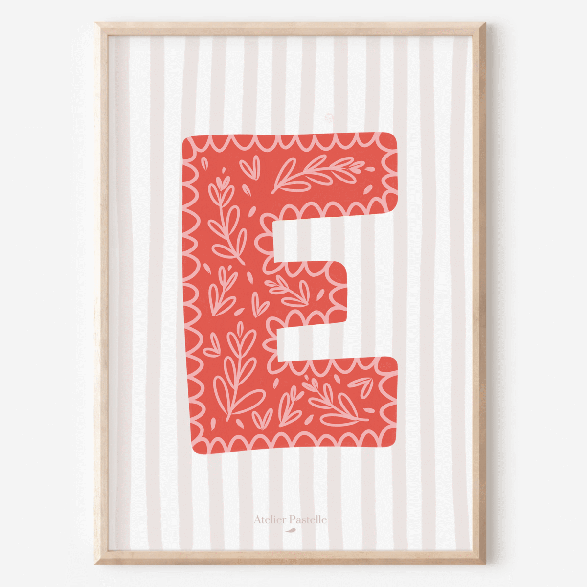 Affiche lettre E motif brindilles rouge - collection Les Petites Initiales