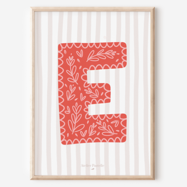 Affiche lettre E motif brindilles rouge - collection Les Petites Initiales