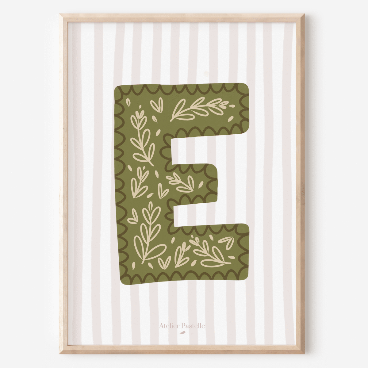 Affiche lettre E motif brindilles vert - collection Les Petites Initiales