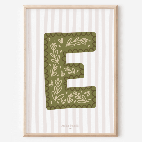 Affiche lettre E motif brindilles vert - collection Les Petites Initiales