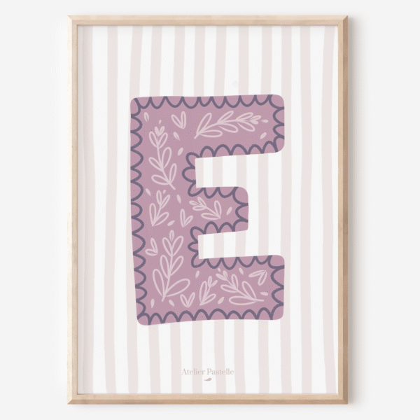 Affiche lettre E motif brindilles violet - collection Les Petites Initiales
