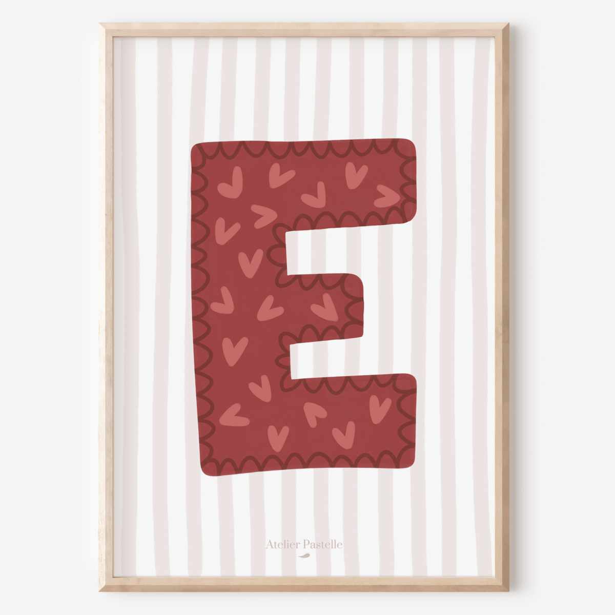 Affiche lettre E motif coeurs bordeaux - collection Les Petites Initiales