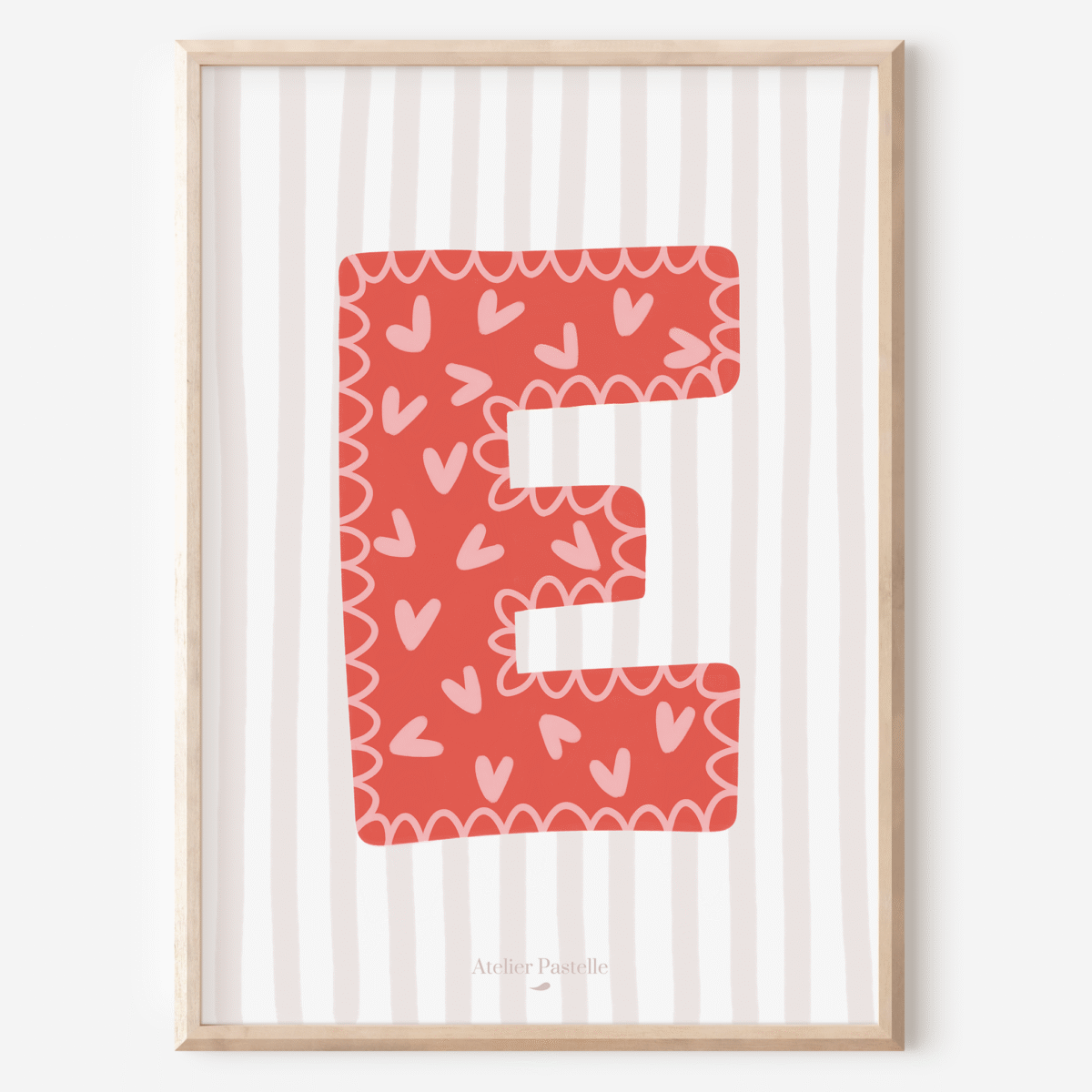 Affiche lettre E motif coeurs rouge - collection Les Petites Initiales